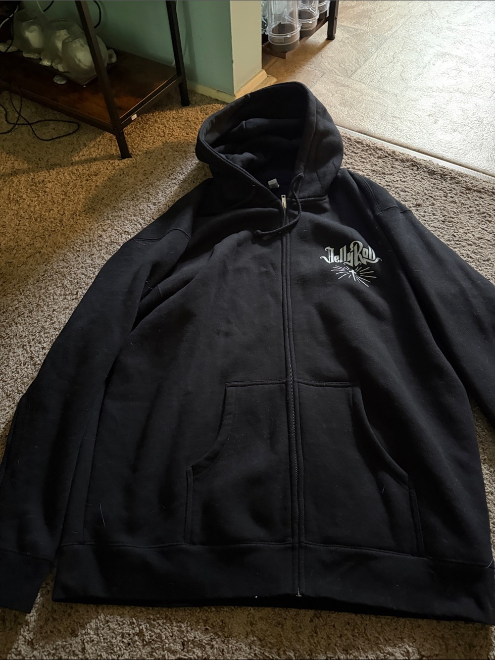 Black Zip-Up Hoodie Sweater with Chest Graphic